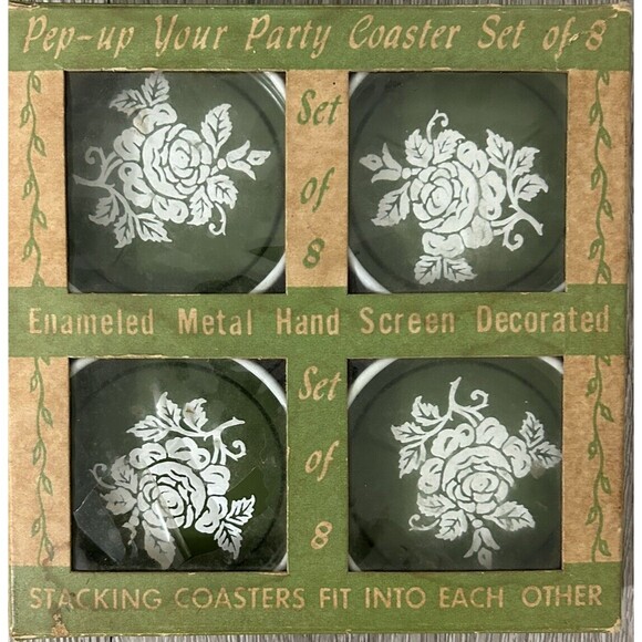 Vintage Metal Tole Ware Coasters In Original Box Green White Floral Set of 8 - Picture 3 of 13